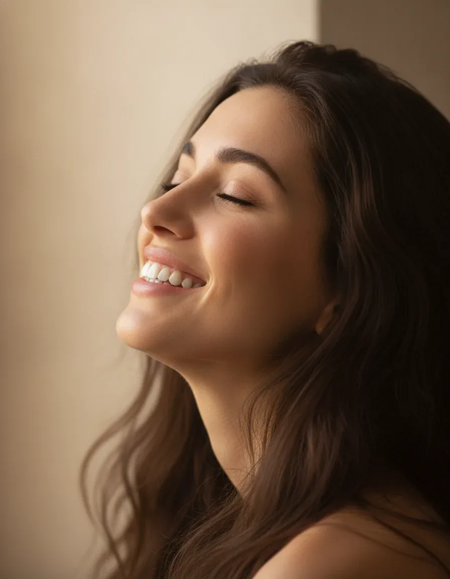 Donna di profilo che sorride a occhi chiusi nella luce calda