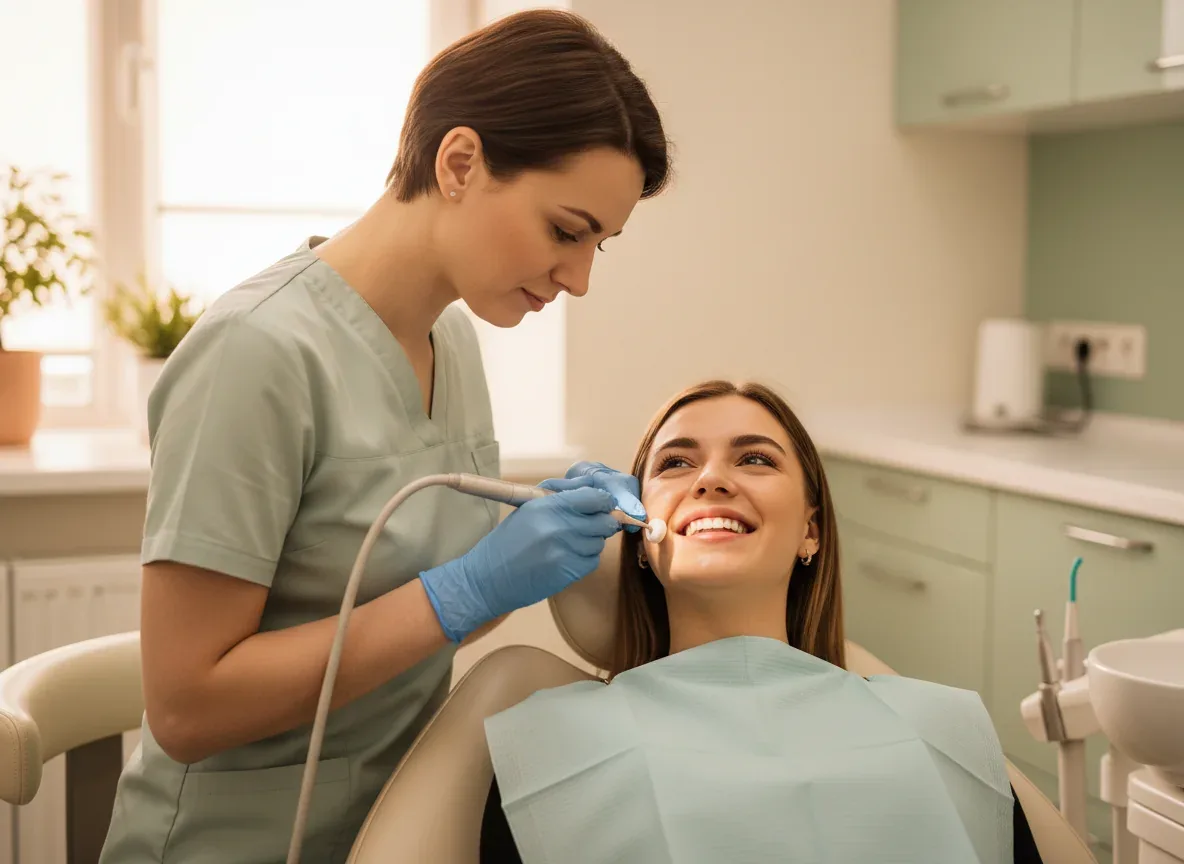 Igienista che pulisce i denti di una paziente sorridente
