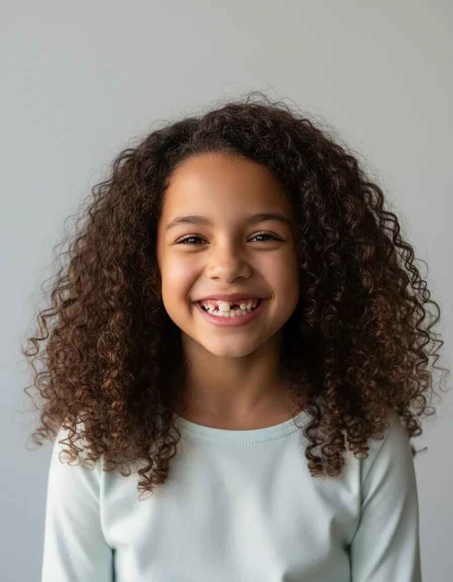 Bambina con capelli ricci che sorride